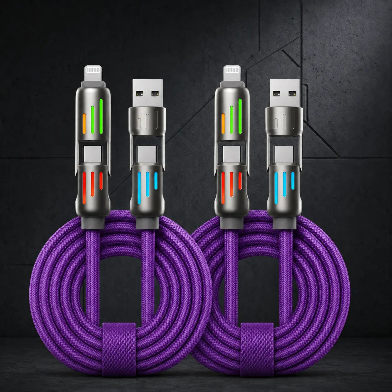 240W 4-in-1 Fast Charging Cable with LED Indicator, USB-C and Lightning Multi Charger Cord, E-Marker Chip, 480Mbps Data Synchronization for iPhone, iPad, Samsung, and Laptops