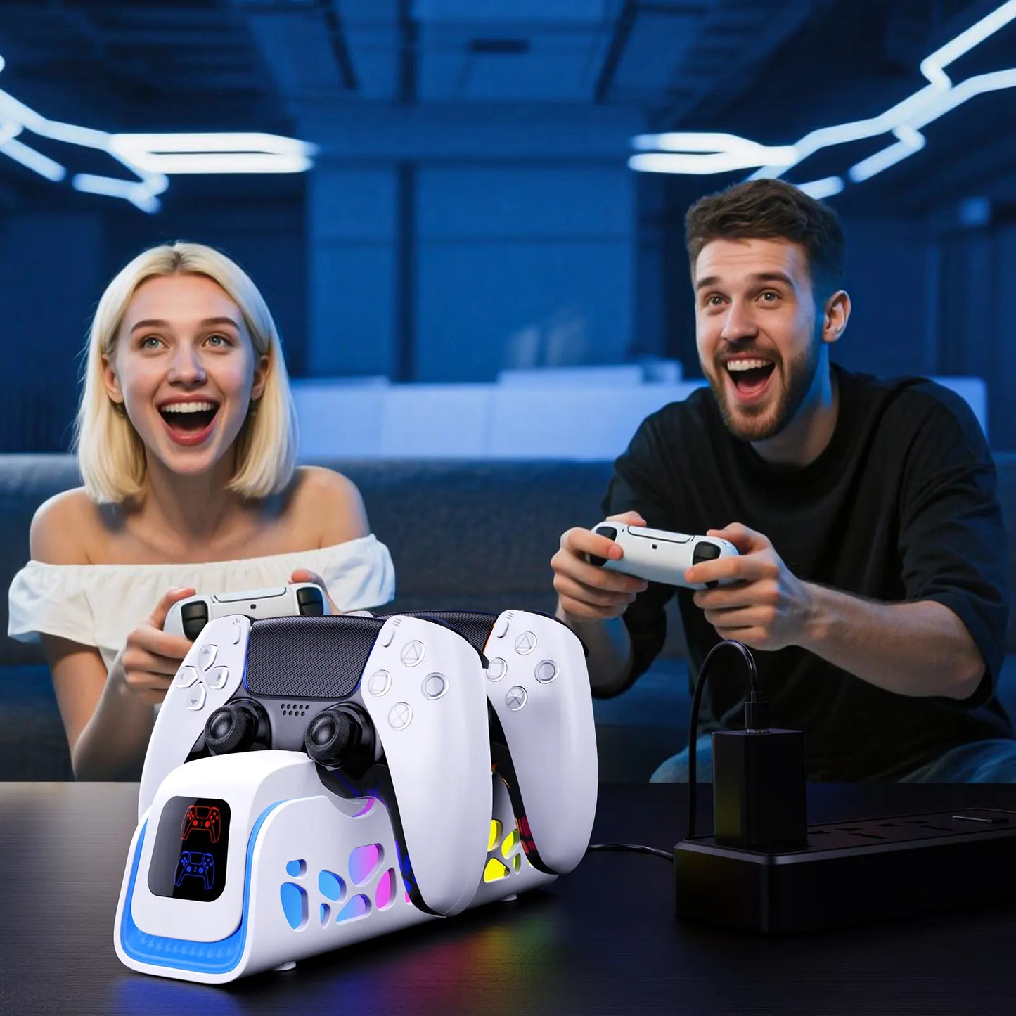 Ukor PS5 Controller Fast Charging Dock: Simultaneous Dual Controller Charging, Six RGB Lighting Modes, Overcharge Protection, Compatible with DualSense and DualSense Edge Controllers
