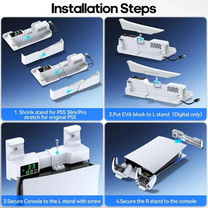Professional Horizontal Adjustable Stand and Cooling Station with Controller Charging Dock for PlayStation 5 Console, Featuring 3-Level Cooling Fan and Accessories Kit for PS5 and Edge Controllers
