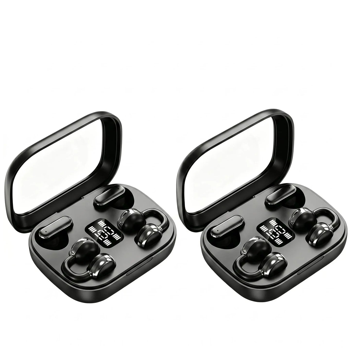 FLUFFDRIP Q10 Open-Ear Clip-On Wireless Earbuds - 2-Pair Pack with LED Digital Display Charging Case, Touch Controls, and Designed for Fitness & Running