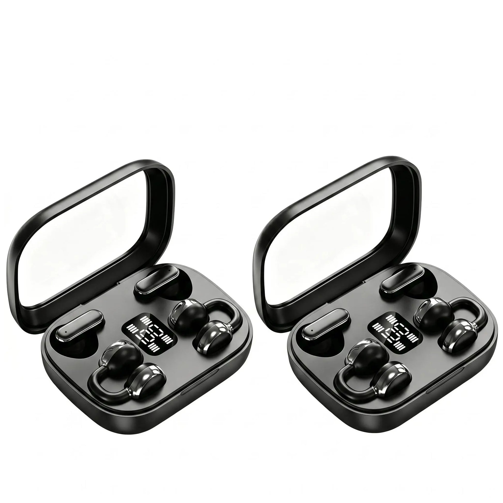 FLUFFDRIP Q10 Open-Ear Clip-On Wireless Earbuds - 2-Pair Pack with LED Digital Display Charging Case, Touch Controls, and Designed for Fitness & Running