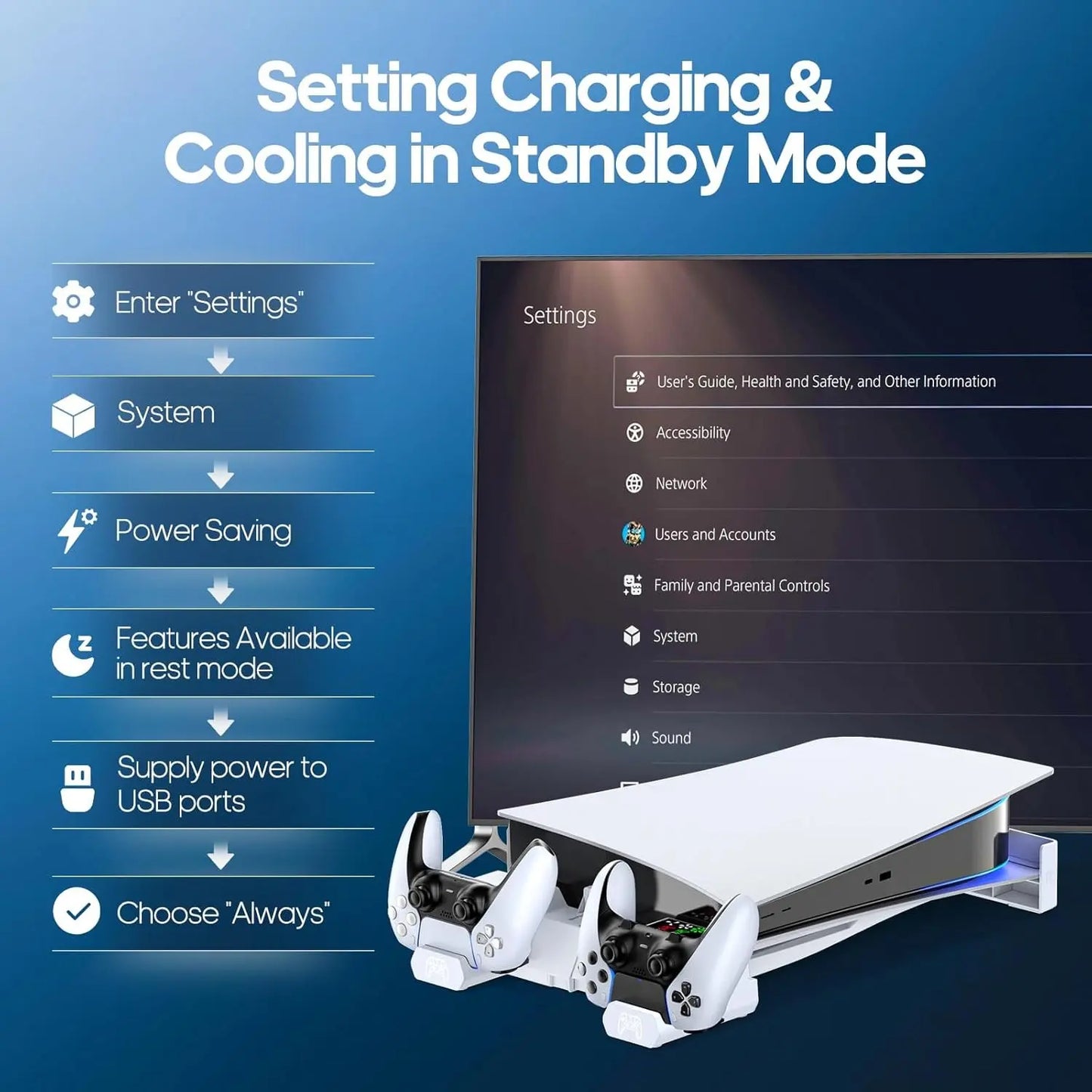 Professional Horizontal Adjustable Stand and Cooling Station with Controller Charging Dock for PlayStation 5 Console, Featuring 3-Level Cooling Fan and Accessories Kit for PS5 and Edge Controllers