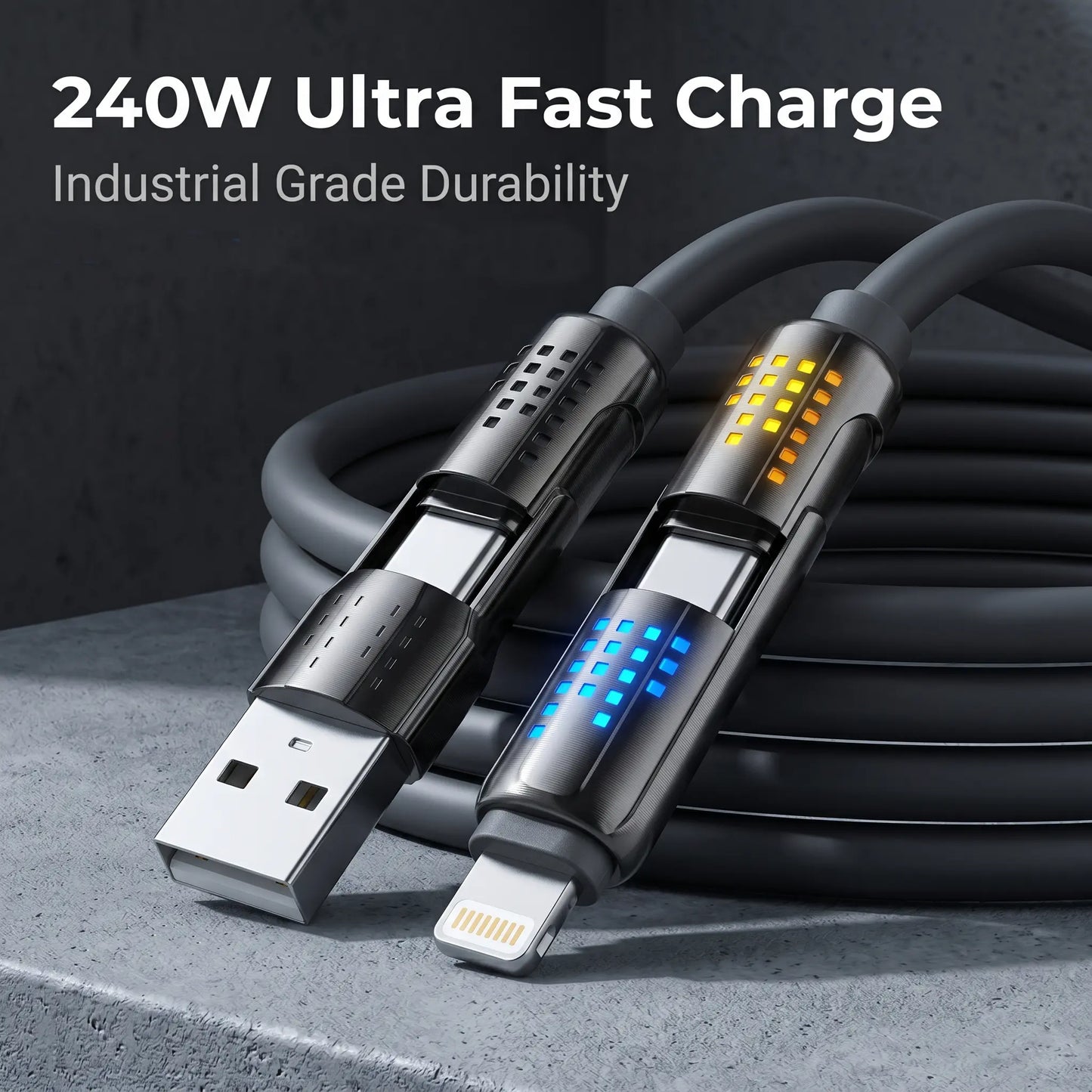 240W 4-in-1 Fast Charging Cable with LED Indicator, USB-C and Lightning Multi Charger Cord, E-Marker Chip, 480Mbps Data Synchronization for iPhone, iPad, Samsung, and Laptops