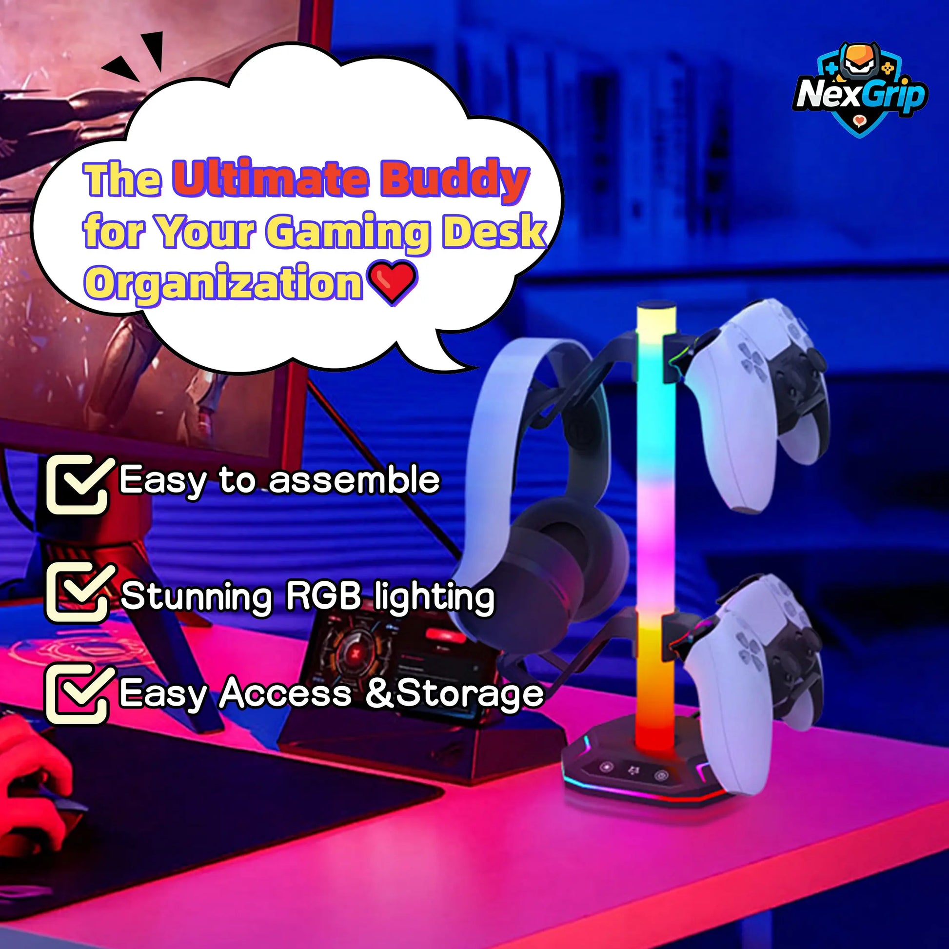 RGB Multi-Function Storage Stand for PS5/PS4 Controllers and Headsets – 4-in-1 Gaming Accessory Organizer with LED Lighting and Game Peripheral Holder