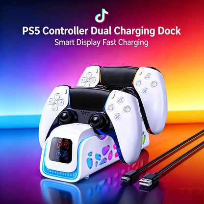 Ukor PS5 Controller Fast Charging Dock: Simultaneous Dual Controller Charging, Six RGB Lighting Modes, Overcharge Protection, Compatible with DualSense and DualSense Edge Controllers