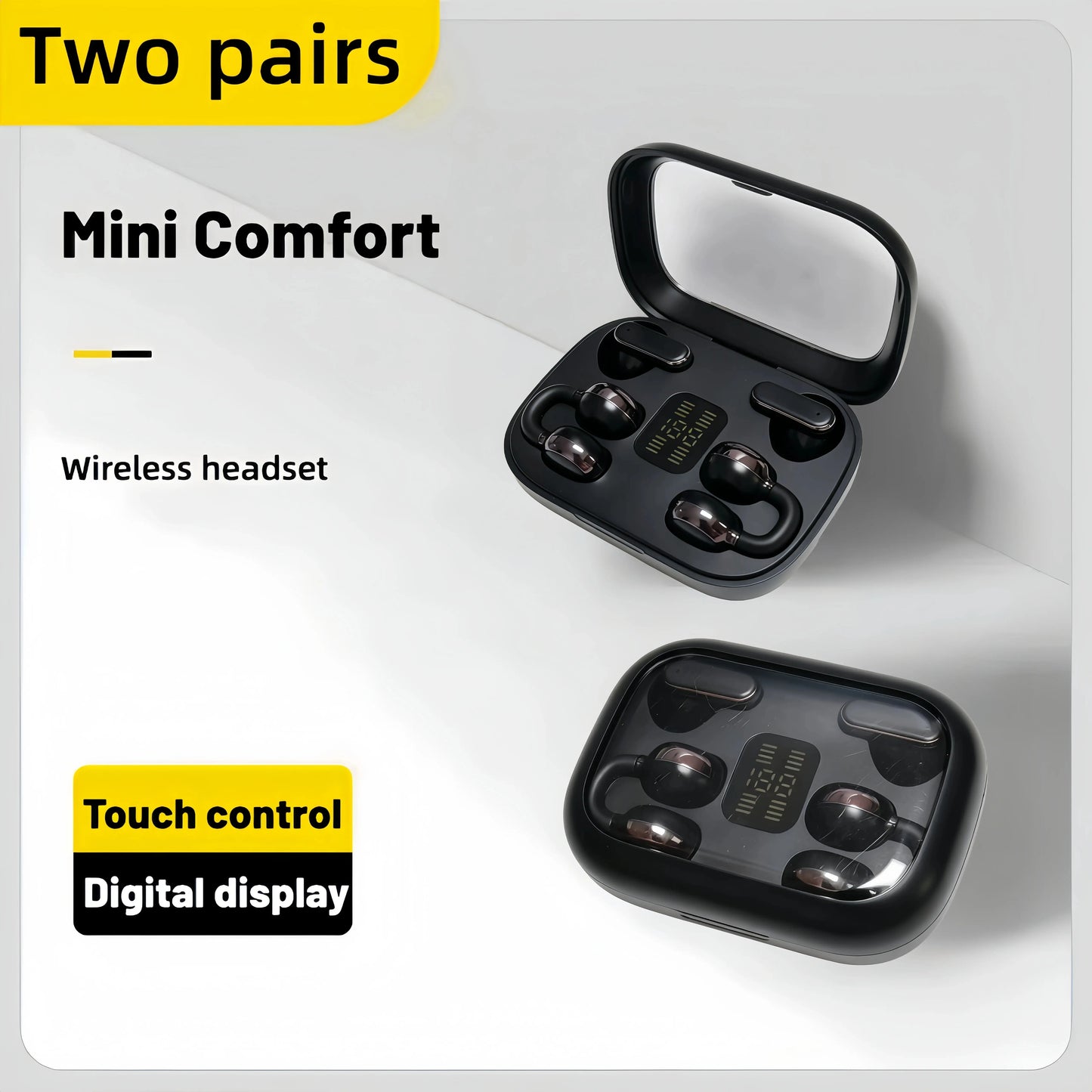 FLUFFDRIP Q10 Open-Ear Clip-On Wireless Earbuds - 2-Pair Pack with LED Digital Display Charging Case, Touch Controls, and Designed for Fitness & Running