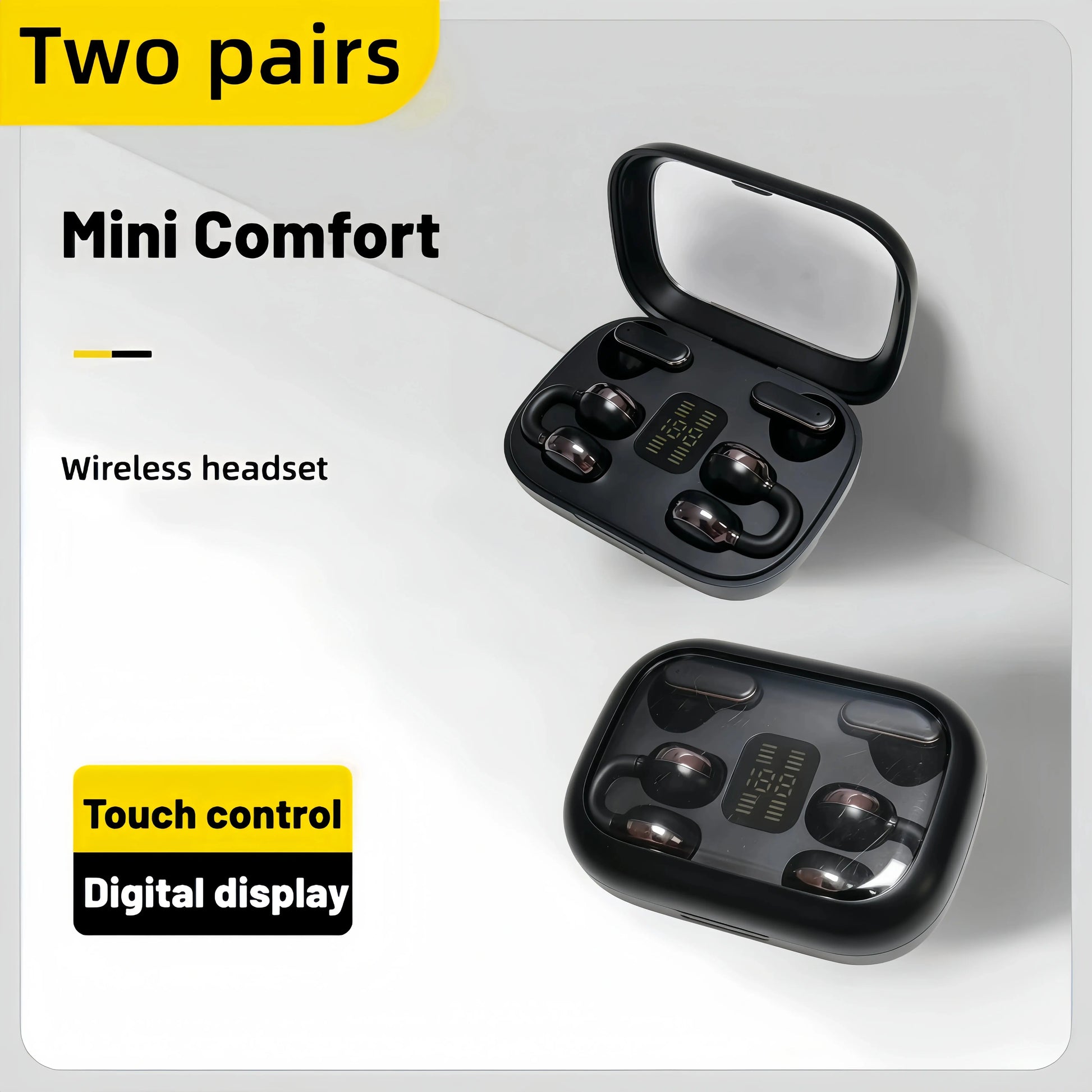 FLUFFDRIP Q10 Open-Ear Clip-On Wireless Earbuds - 2-Pair Pack with LED Digital Display Charging Case, Touch Controls, and Designed for Fitness & Running