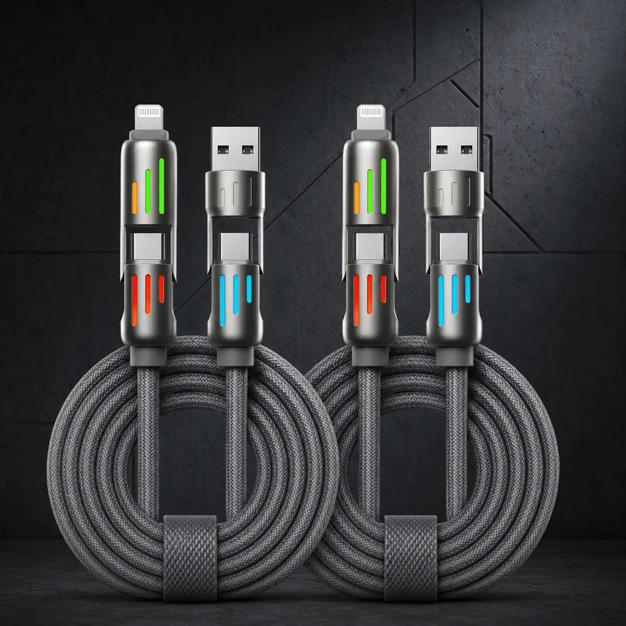 240W 4-in-1 Fast Charging Cable with LED Indicator, USB-C and Lightning Multi Charger Cord, E-Marker Chip, 480Mbps Data Synchronization for iPhone, iPad, Samsung, and Laptops