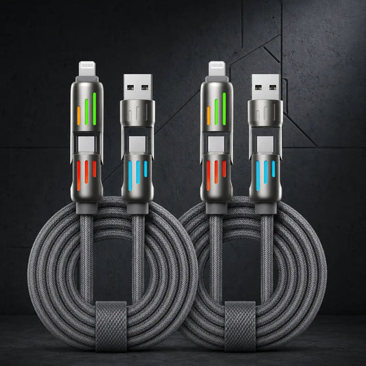 240W 4-in-1 Fast Charging Cable with LED Indicator, USB-C and Lightning Multi Charger Cord, E-Marker Chip, 480Mbps Data Synchronization for iPhone, iPad, Samsung, and Laptops