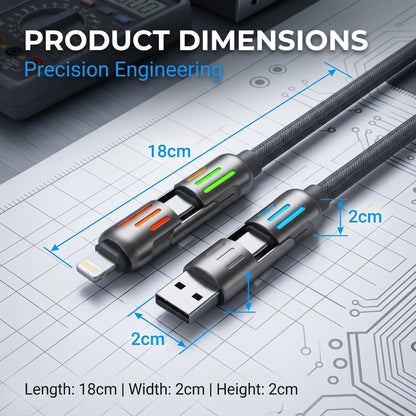 240W 4-in-1 Fast Charging Cable with LED Indicator, USB-C and Lightning Multi Charger Cord, E-Marker Chip, 480Mbps Data Synchronization for iPhone, iPad, Samsung, and Laptops