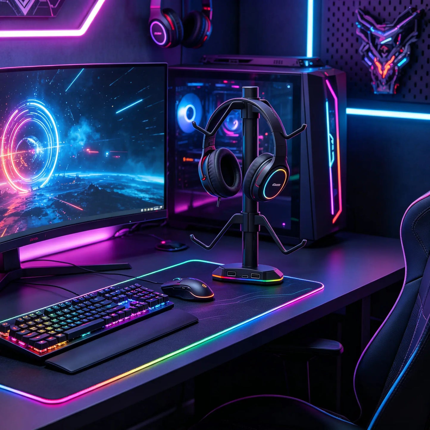 RGB Multi-Function Storage Stand for PS5/PS4 Controllers and Headsets – 4-in-1 Gaming Accessory Organizer with LED Lighting and Game Peripheral Holder