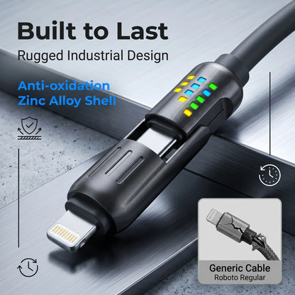 240W 4-in-1 Fast Charging Cable with LED Indicator, USB-C and Lightning Multi Charger Cord, E-Marker Chip, 480Mbps Data Synchronization for iPhone, iPad, Samsung, and Laptops