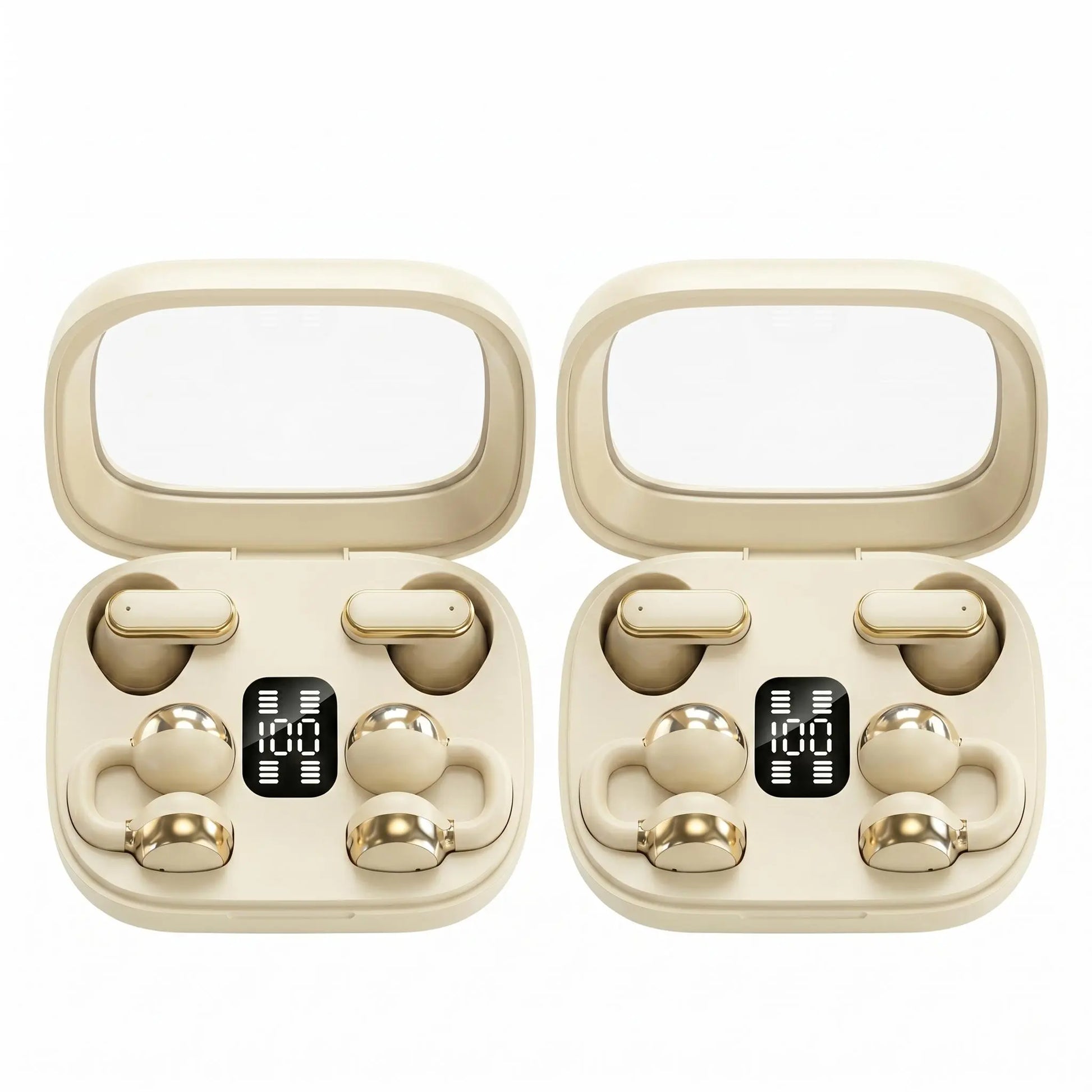 FLUFFDRIP Q10 Open-Ear Clip-On Wireless Earbuds - 2-Pair Pack with LED Digital Display Charging Case, Touch Controls, and Designed for Fitness & Running