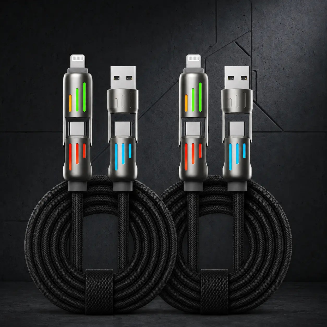 240W 4-in-1 Fast Charging Cable with LED Indicator, USB-C and Lightning Multi Charger Cord, E-Marker Chip, 480Mbps Data Synchronization for iPhone, iPad, Samsung, and Laptops