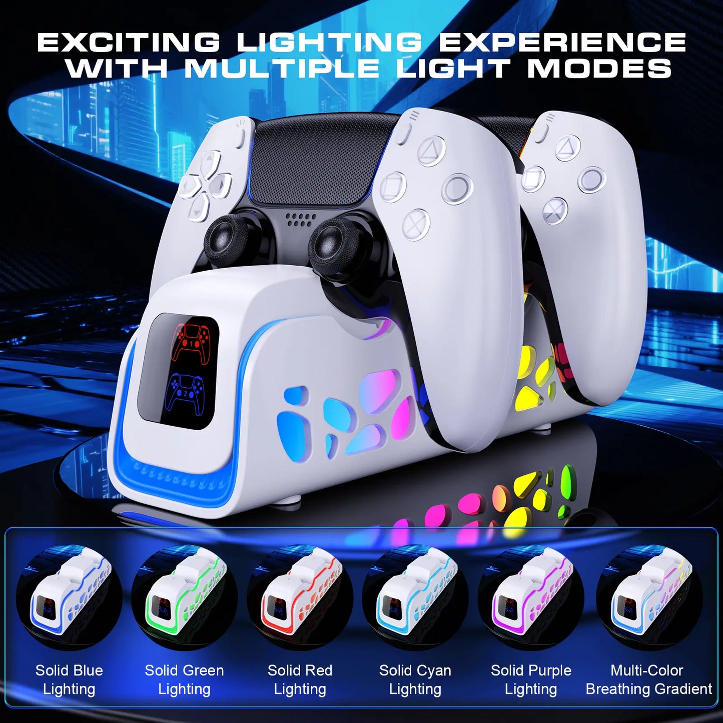 Ukor PS5 Controller Fast Charging Dock: Simultaneous Dual Controller Charging, Six RGB Lighting Modes, Overcharge Protection, Compatible with DualSense and DualSense Edge Controllers