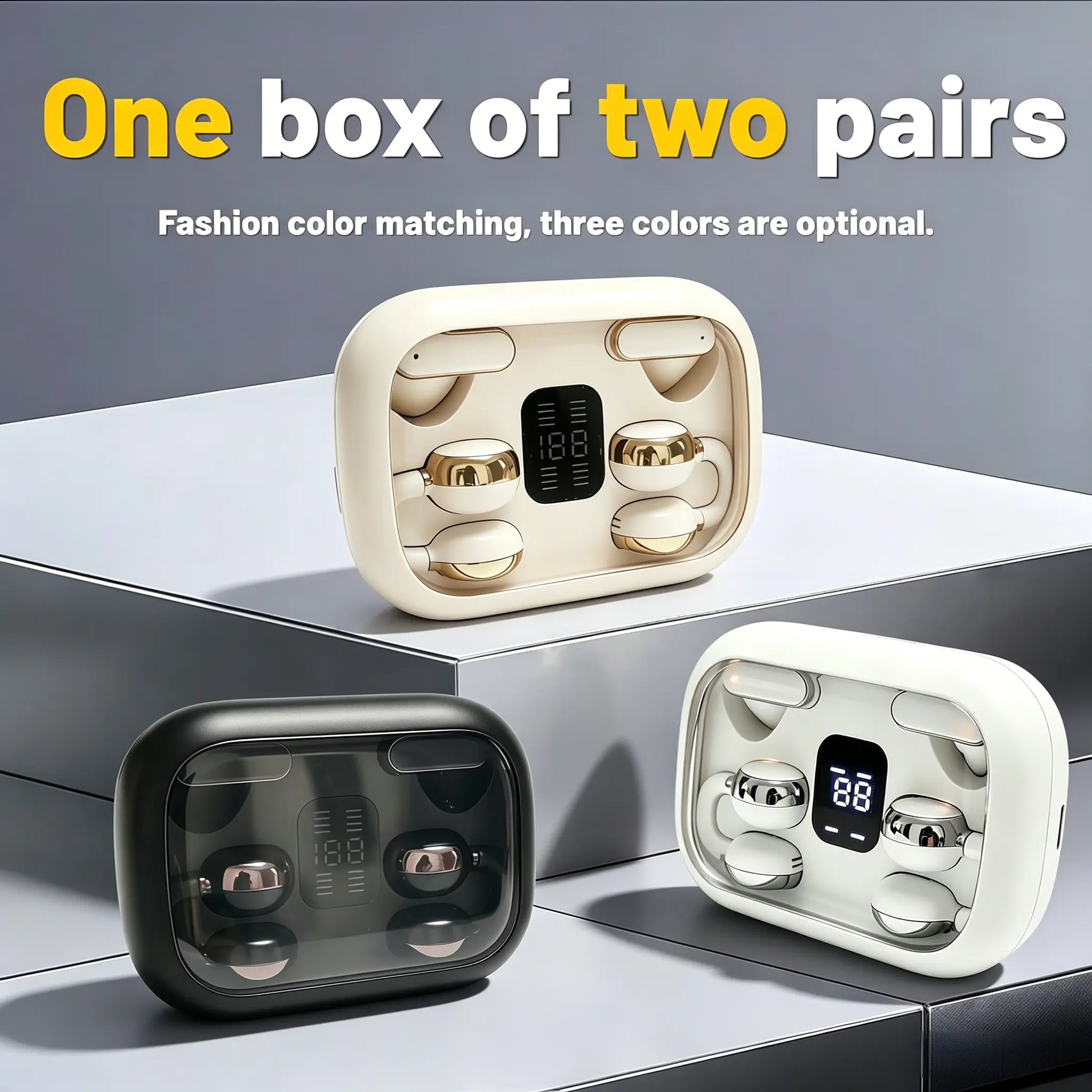 FLUFFDRIP Q10 Open-Ear Clip-On Wireless Earbuds - 2-Pair Pack with LED Digital Display Charging Case, Touch Controls, and Designed for Fitness & Running