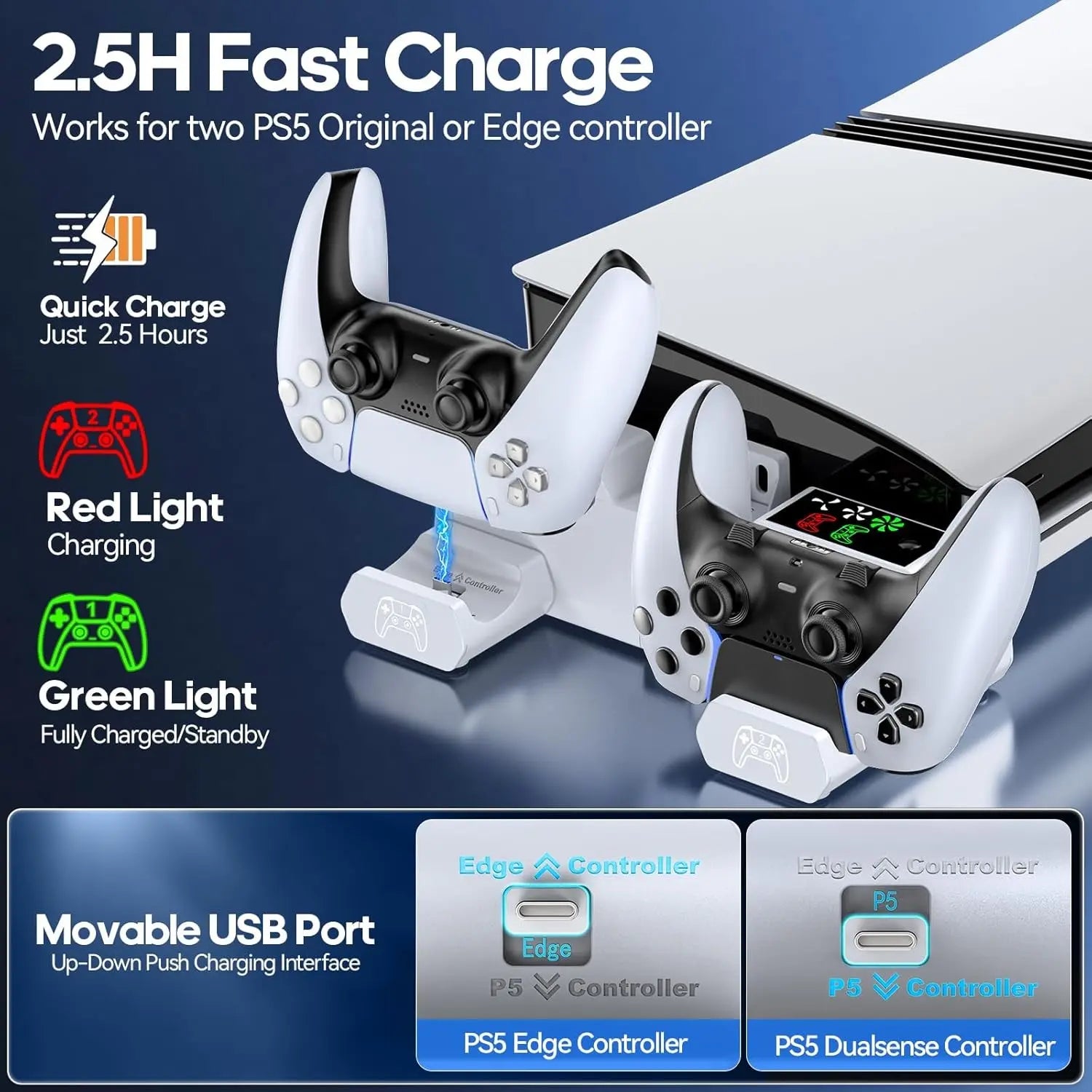Professional Horizontal Adjustable Stand and Cooling Station with Controller Charging Dock for PlayStation 5 Console, Featuring 3-Level Cooling Fan and Accessories Kit for PS5 and Edge Controllers