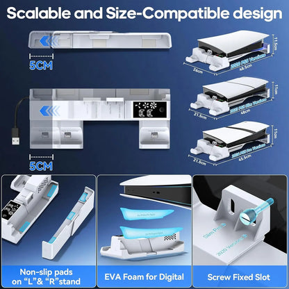 Professional Horizontal Adjustable Stand and Cooling Station with Controller Charging Dock for PlayStation 5 Console, Featuring 3-Level Cooling Fan and Accessories Kit for PS5 and Edge Controllers
