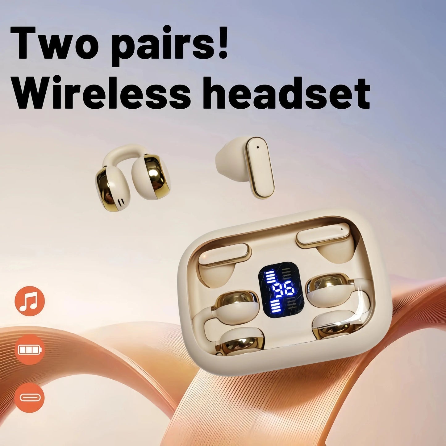 FLUFFDRIP Q10 Open-Ear Clip-On Wireless Earbuds - 2-Pair Pack with LED Digital Display Charging Case, Touch Controls, and Designed for Fitness & Running