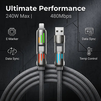 240W 4-in-1 Fast Charging Cable with LED Indicator, USB-C and Lightning Multi Charger Cord, E-Marker Chip, 480Mbps Data Synchronization for iPhone, iPad, Samsung, and Laptops