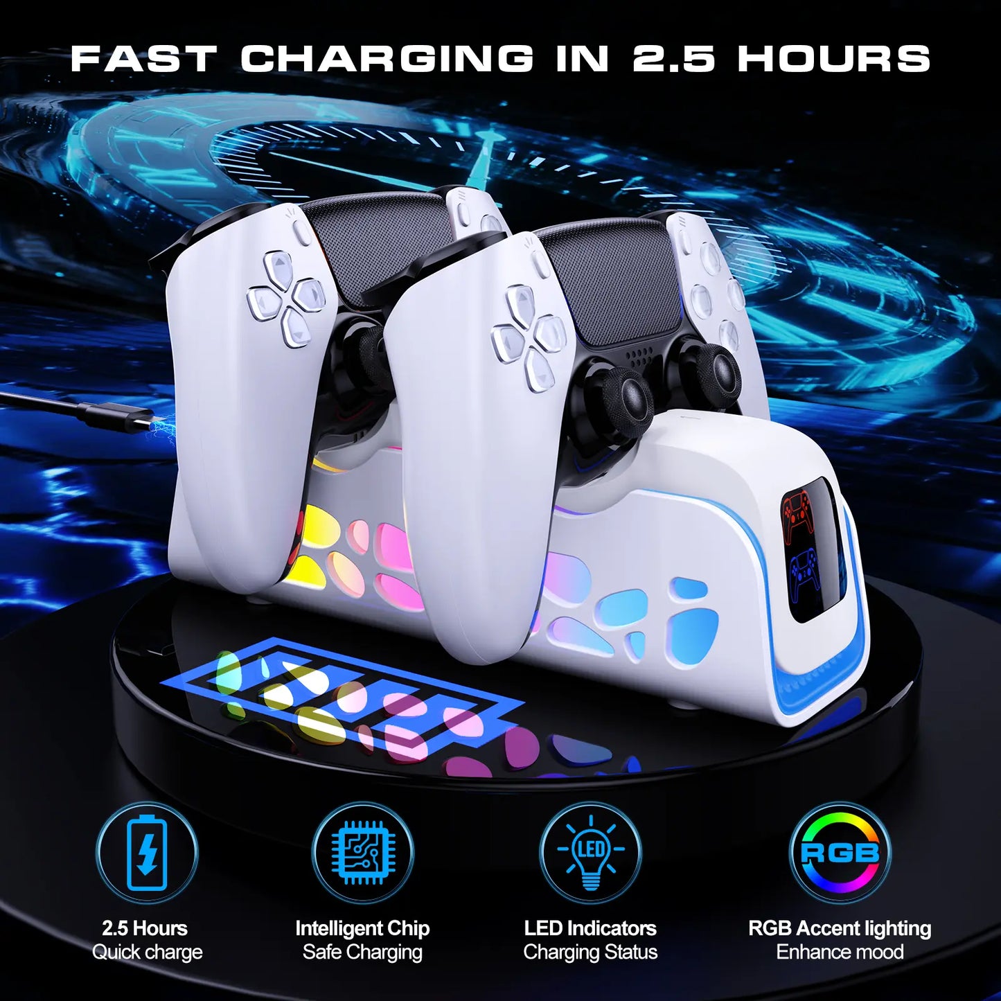 Ukor PS5 Controller Fast Charging Dock: Simultaneous Dual Controller Charging, Six RGB Lighting Modes, Overcharge Protection, Compatible with DualSense and DualSense Edge Controllers