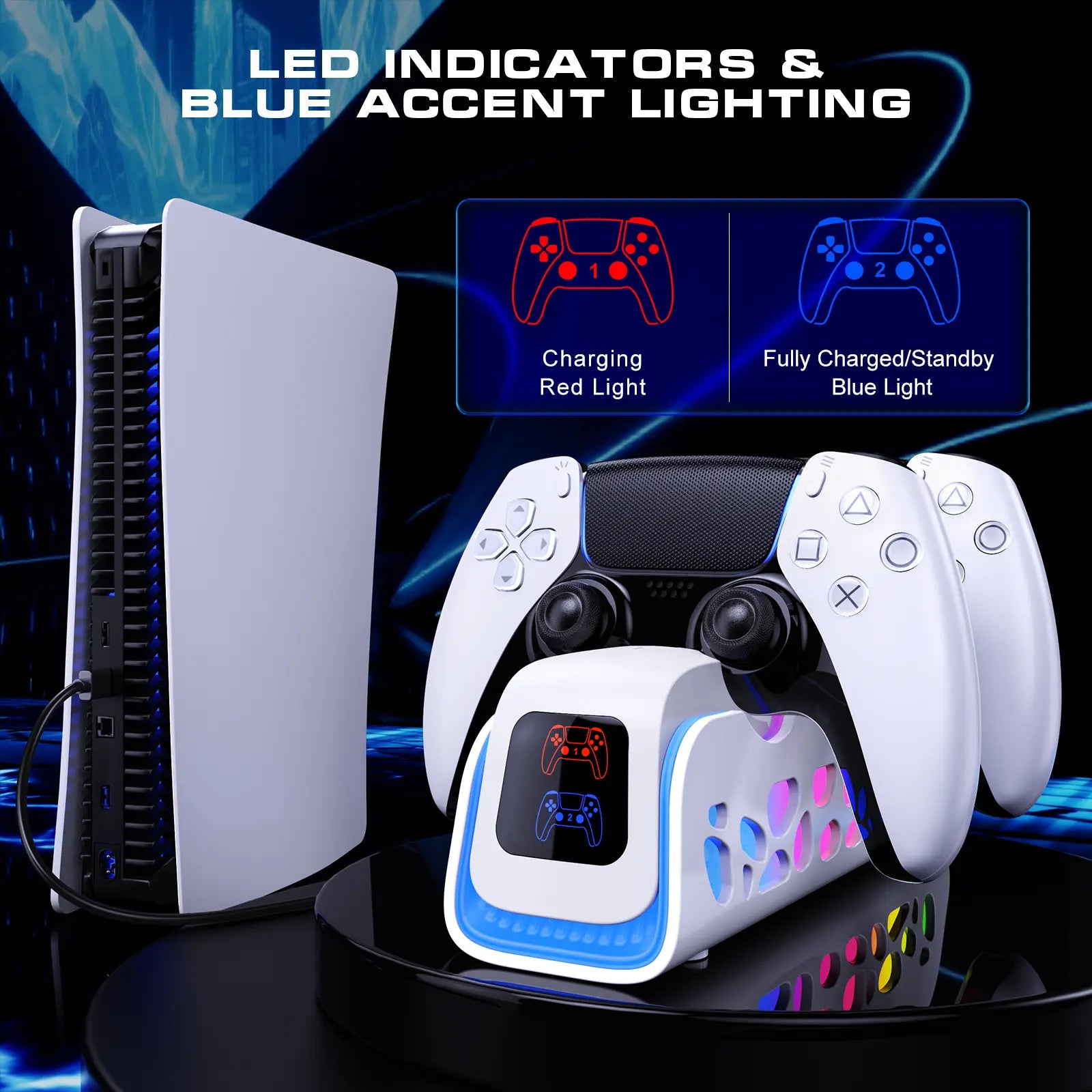 Ukor PS5 Controller Fast Charging Dock: Simultaneous Dual Controller Charging, Six RGB Lighting Modes, Overcharge Protection, Compatible with DualSense and DualSense Edge Controllers